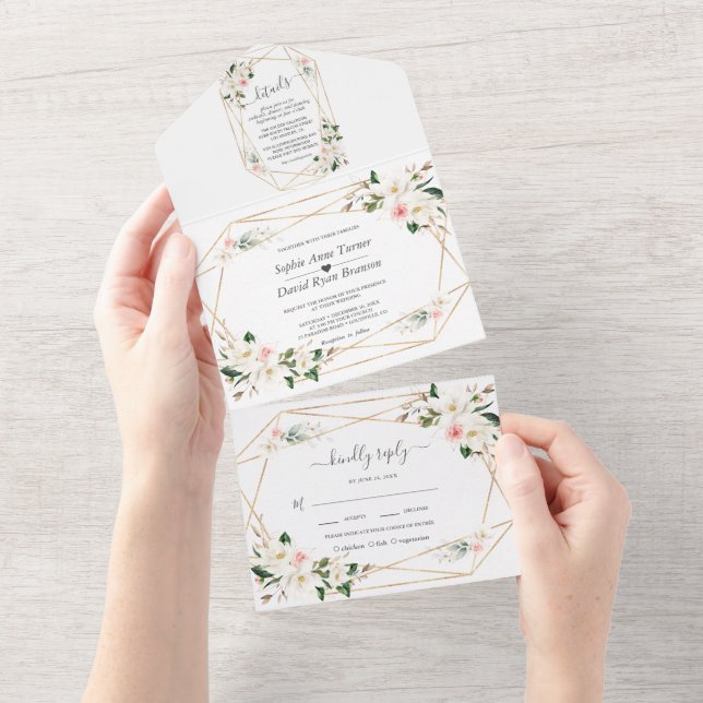 White Magnolia Pink Flowers Gold Wedding   All In One Invitation (Tearaway)