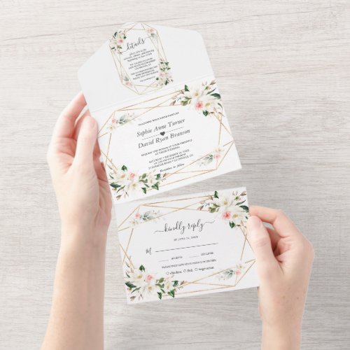 White Magnolia Pink Flowers Gold Wedding   All In One Invitation