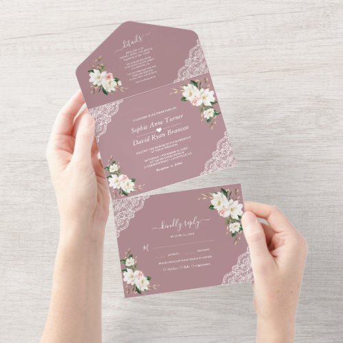 White Magnolia Pink Flowers Misty Rose Wedding All In One Invitation
