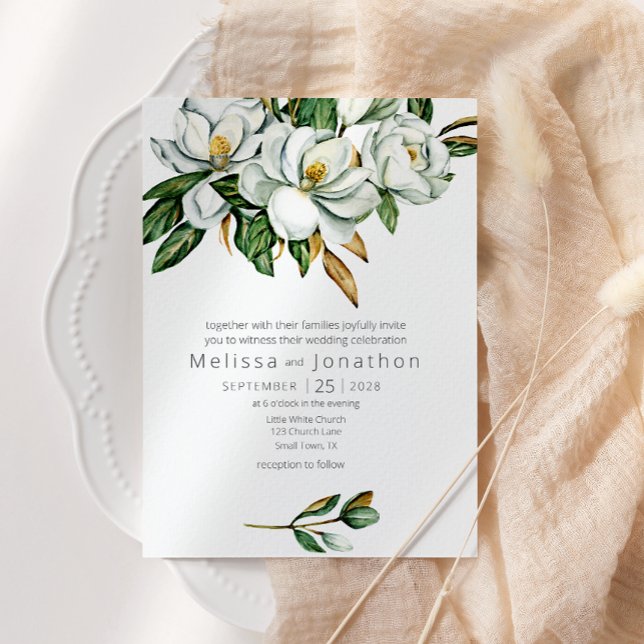 White Magnolia Rustic Floral Wedding Invitation (Creator Uploaded)