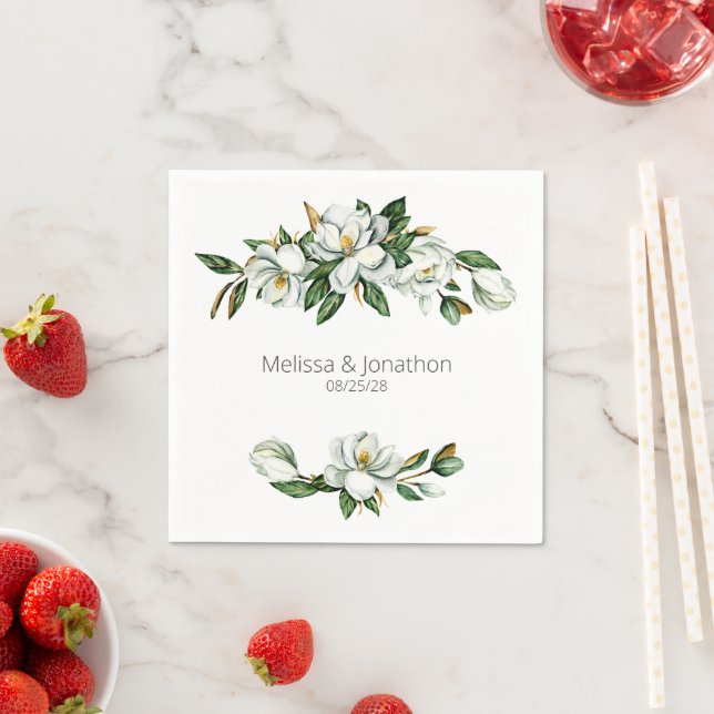 White Magnolia Rustic Floral Wedding Napkins (Insitu)