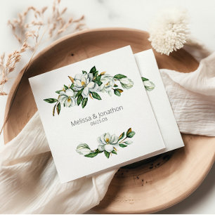 White Magnolia Rustic Floral Wedding Napkins