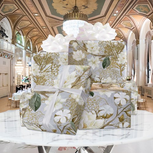 White Magnolia Silver Gold Ferns Floral Wedding Wrapping Paper