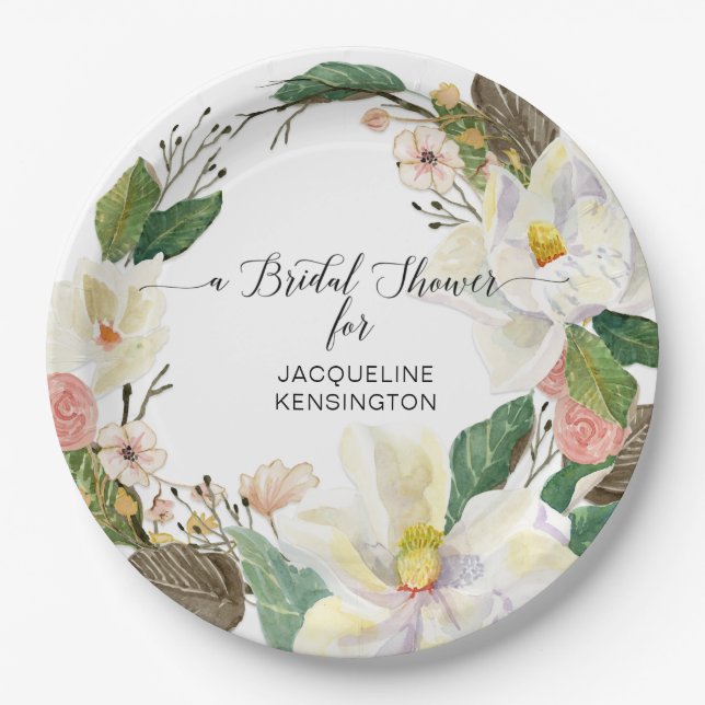 White Magnolia Watercolor Blush Floral Foliage Paper Plates (Front)
