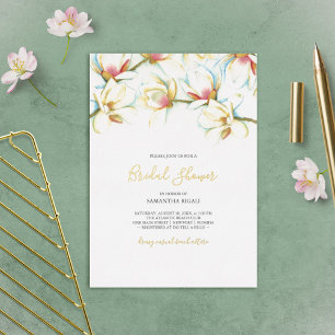 White Magnolia Watercolor Flower Bridal Shower Foil Invitation