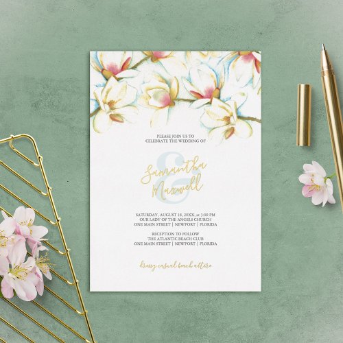 White Magnolia Watercolor Flower Wedding Foil Invi Foil Invitation