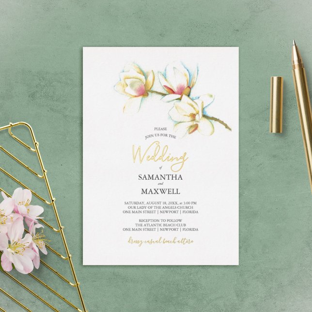 White Magnolia Watercolor Flower Wedding Foil Invitation (Creator Uploaded)