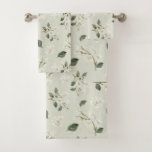 White Magnolia Watercolour Pattern Sea Foam Green Bath Towel Set