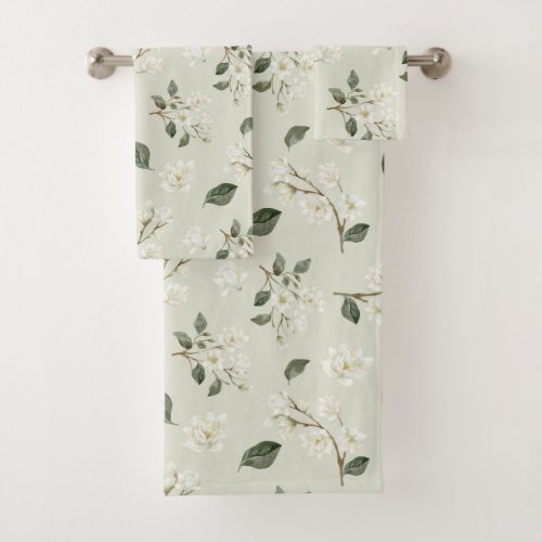 White Magnolia Watercolour Pattern Sea Foam Green Bath Towel Set