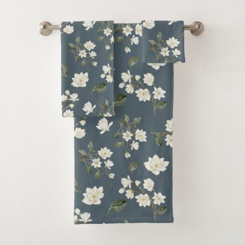 White Magnolia Watercolour Pattern Slate Gray Bath Towel Set