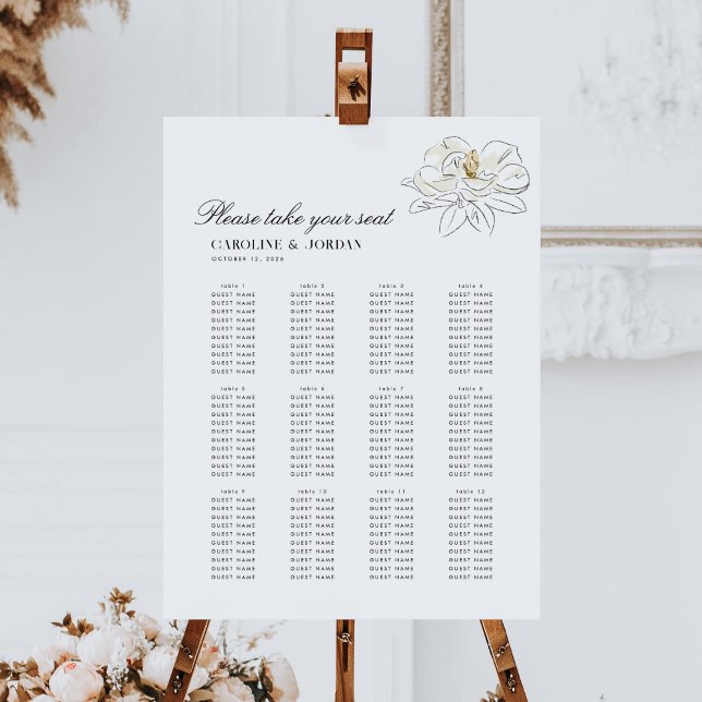 White Magnolia Wedding 12 Table Seating Chart Foam Board (Chic white magnolia illustration wedding table seating chart sign.)
