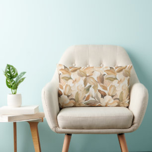 White Magnolia with Tan Modern Art Lumbar Pillow