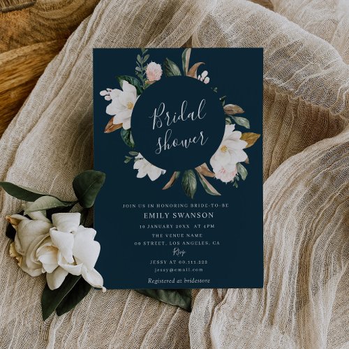 white magnolia wreath navy bridal shower invitation