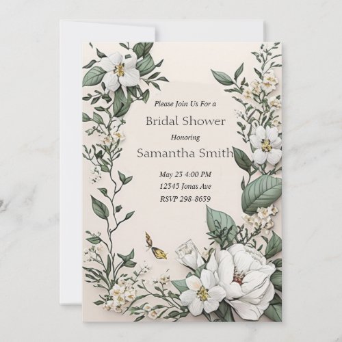 White Magnolias and Butterfly Bridal Shower Invitation