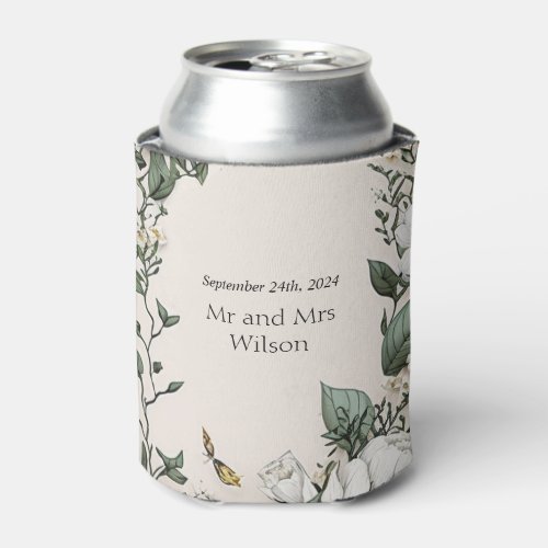 White Magnolias and Butterfly Wedding Can Cooler