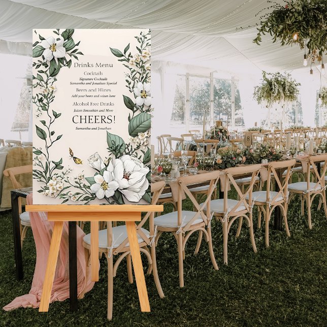 White Magnolias and Butterfly Wedding Drinks Menu Foam Board (Creator Uploaded)
