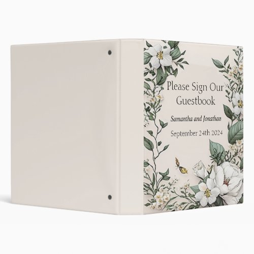 White Magnolias and Butterfly Wedding Guest Book 3 Ring Binder