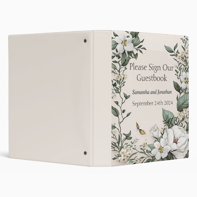 White Magnolias and Butterfly Wedding Guest Book 3 Ring Binder (Background)