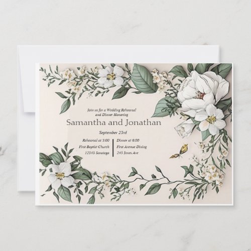 White Magnolias and Butterfly  Wedding Rehearsal  Invitation