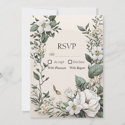White Magnolias and Butterfly Wedding RSVP Card