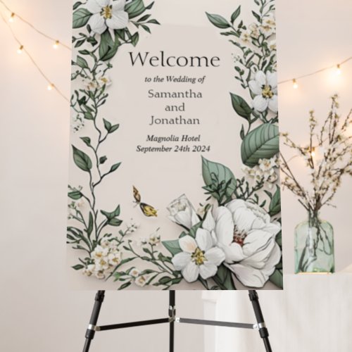White Magnolias and Butterfly Wedding Welcome Foam Board