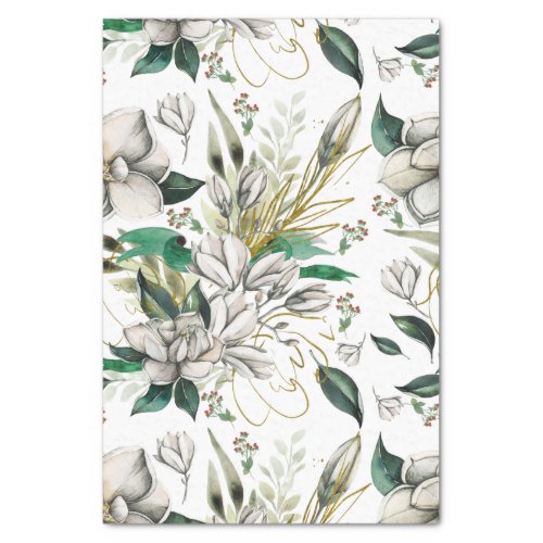 White Magnolias and Green Ribbons Tissue Paper