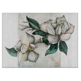 White Magnolias Botanical Glass Cutting Board