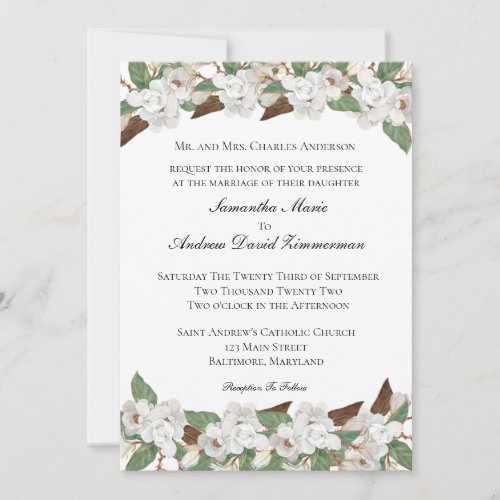White Magnolias Classic Formal Elegant Wedding  Invitation
