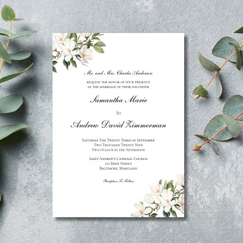 White Magnolias Classic Formal Elegant Wedding Invitation
