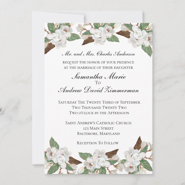 White Magnolias Classic Formal Elegant Wedding Invitation (Front)