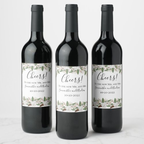 White Magnolias Elegant Classic Wedding  Wine Label