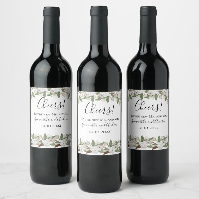 White Magnolias Elegant Classic Wedding  Wine Label (Bottles)