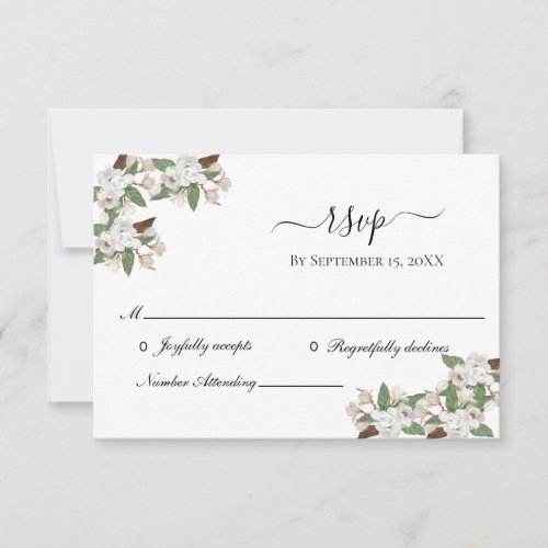 White Magnolias Elegant Wedding RSVP Card