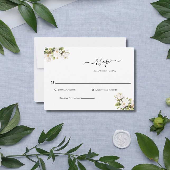 White Magnolias Elegant Wedding RSVP Card (White Magnolia Floral Classic Elegant Wedding RSVP Card)