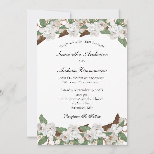 White Magnolias Floral Formal Elegant Wedding  Invitation
