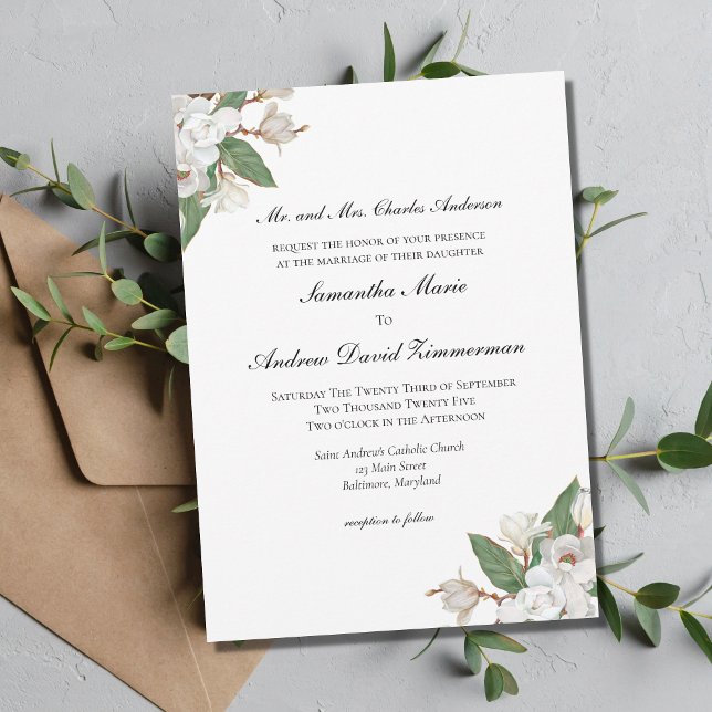 White Magnolias Floral Formal Elegant Wedding  Invitation (Creator Uploaded)