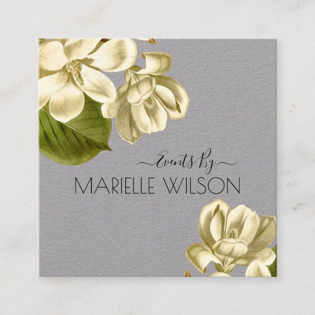 White Magnolias Floral Gray Event Planner Square Business Card (Front)