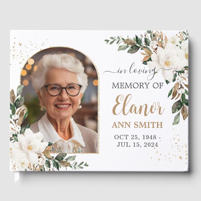 White Magnolias Floral Memorial Funeral Picture Guest Book (Front)