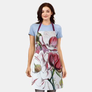 White Magnolias Flower Vintage Old Illustration Apron
