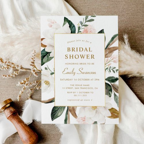 White magnolias gold frame bridal shower invitation