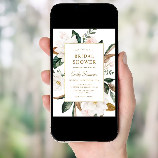 White magnolias gold frame bridal shower invitation (Front Digital)