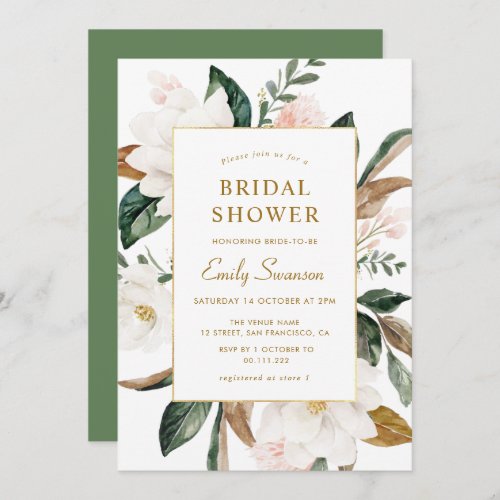 White magnolias gold frame bridal shower invitation