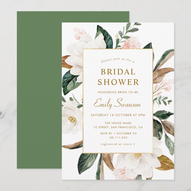 White magnolias gold frame bridal shower invitation Zazzle
