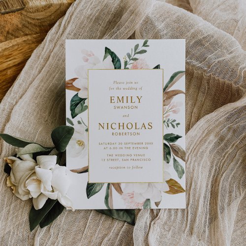 White magnolias gold frame wedding invitation