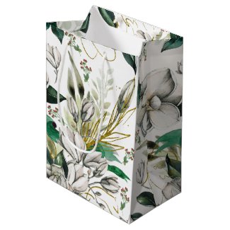 White Magnolias Green Ribbons and Gold Gift Bag