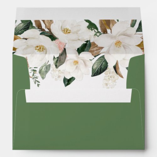 white magnolias green wedding envelope