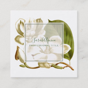White Magnolias Monogrammed Floral Square Business Card