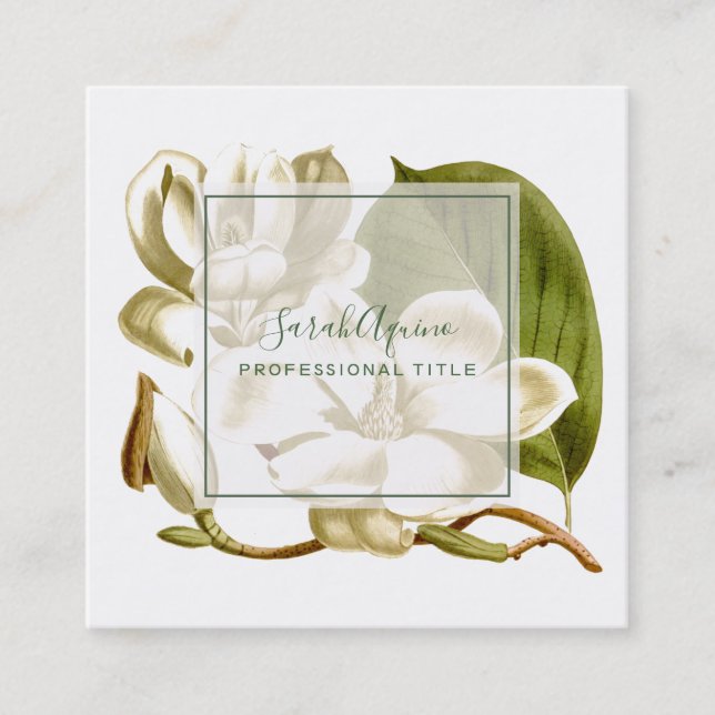 White Magnolias Monogrammed Floral  Square Business Card (Front)