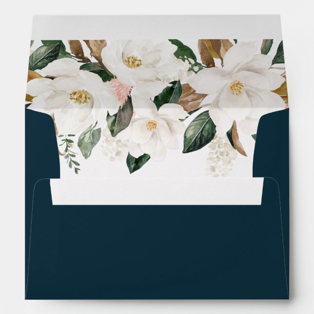 white magnolias navy blue wedding envelope (Back (Bottom))