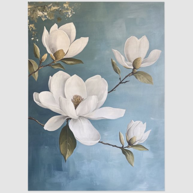 White Magnolias on Blue Decoupage Tissue Pape Paper (Front)